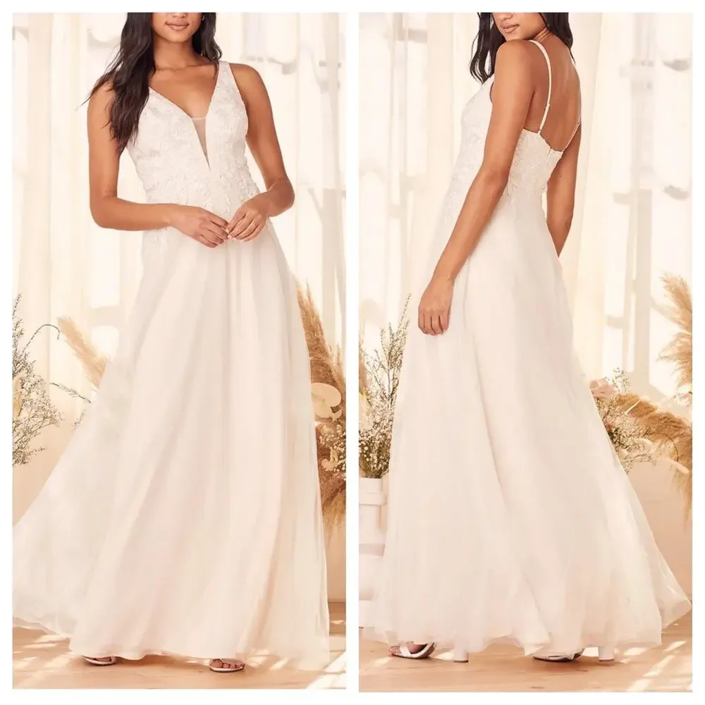 Lulus White/Beige Embroidered Tulle Maxi Dress